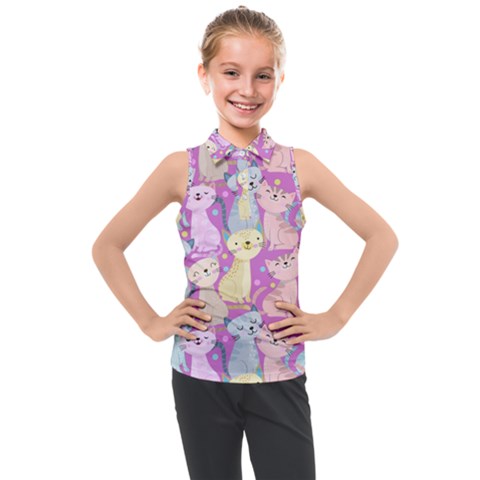 Colorful Cute Cat Seamless Pattern Purple Background Kids  Sleeveless Polo Tee by Vaneshart