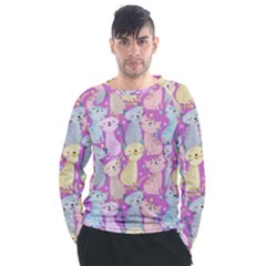 Colorful Cute Cat Seamless Pattern Purple Background Men s Long Sleeve Raglan Tee