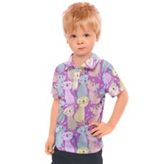 Colorful Cute Cat Seamless Pattern Purple Background Kids  Polo Tee