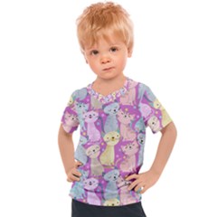 Colorful Cute Cat Seamless Pattern Purple Background Kids  Sports Tee