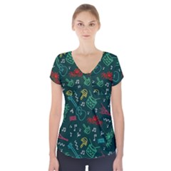 Guitars Musical Notes Seamless Carnival Pattern Short Sleeve Front Detail Top by Vaneshart