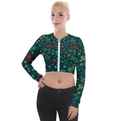 Guitars Musical Notes Seamless Carnival Pattern Long Sleeve Cropped Velvet Jacket by Vaneshart