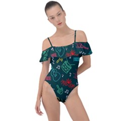 Guitars Musical Notes Seamless Carnival Pattern Frill Detail One Piece Swimsuit by Vaneshart