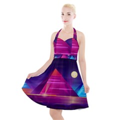 Egyptian Pyramids Night Landscape Cartoon Halter Party Swing Dress 