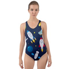 Big Set Cute Astronauts Space Planets Stars Aliens Rockets Ufo Constellations Satellite Moon Rover V Cut-out Back One Piece Swimsuit by Vaneshart