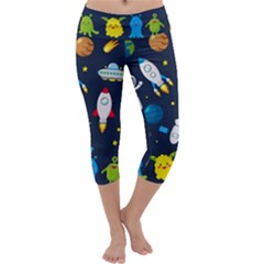 Big Set Cute Astronauts Space Planets Stars Aliens Rockets Ufo Constellations Satellite Moon Rover V Capri Yoga Leggings by Vaneshart