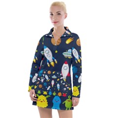 Big Set Cute Astronauts Space Planets Stars Aliens Rockets Ufo Constellations Satellite Moon Rover V Women s Long Sleeve Casual Dress by Vaneshart