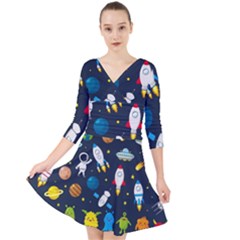 Big Set Cute Astronauts Space Planets Stars Aliens Rockets Ufo Constellations Satellite Moon Rover V Quarter Sleeve Front Wrap Dress by Vaneshart