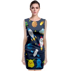 Big Set Cute Astronauts Space Planets Stars Aliens Rockets Ufo Constellations Satellite Moon Rover V Sleeveless Velvet Midi Dress by Vaneshart