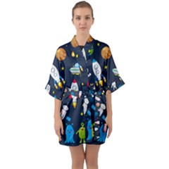 Big Set Cute Astronauts Space Planets Stars Aliens Rockets Ufo Constellations Satellite Moon Rover V Half Sleeve Satin Kimono  by Vaneshart