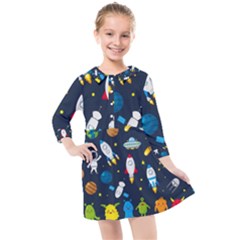 Big Set Cute Astronauts Space Planets Stars Aliens Rockets Ufo Constellations Satellite Moon Rover V Kids  Quarter Sleeve Shirt Dress by Vaneshart