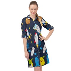 Big Set Cute Astronauts Space Planets Stars Aliens Rockets Ufo Constellations Satellite Moon Rover V Long Sleeve Mini Shirt Dress by Vaneshart