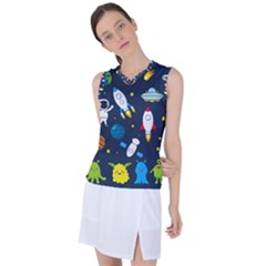 Big Set Cute Astronauts Space Planets Stars Aliens Rockets Ufo Constellations Satellite Moon Rover V Women s Sleeveless Sports Top