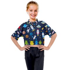 Big Set Cute Astronauts Space Planets Stars Aliens Rockets Ufo Constellations Satellite Moon Rover V Kids Mock Neck Tee