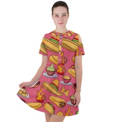 Seamless Pattern Mexican Food Hat Traditional Short Sleeve Shoulder Cut Out Dress  by Vaneshart