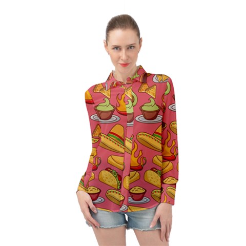 Seamless Pattern Mexican Food Hat Traditional Long Sleeve Chiffon Shirt by Vaneshart