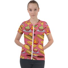 Seamless Pattern Mexican Food Hat Traditional Short Sleeve Zip Up Jacket by Vaneshart