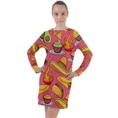 Seamless Pattern Mexican Food Hat Traditional Long Sleeve Hoodie Dress by Vaneshart