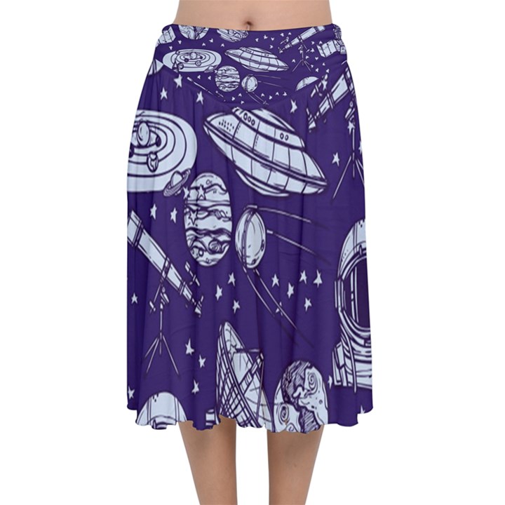 Space Sketch Seamless Pattern Velvet Flared Midi Skirt