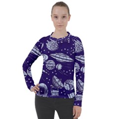 Space Sketch Seamless Pattern Women s Pique Long Sleeve Tee