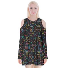 Seamless Pattern With Love Symbols Velvet Long Sleeve Shoulder Cutout Dress by Vaneshart