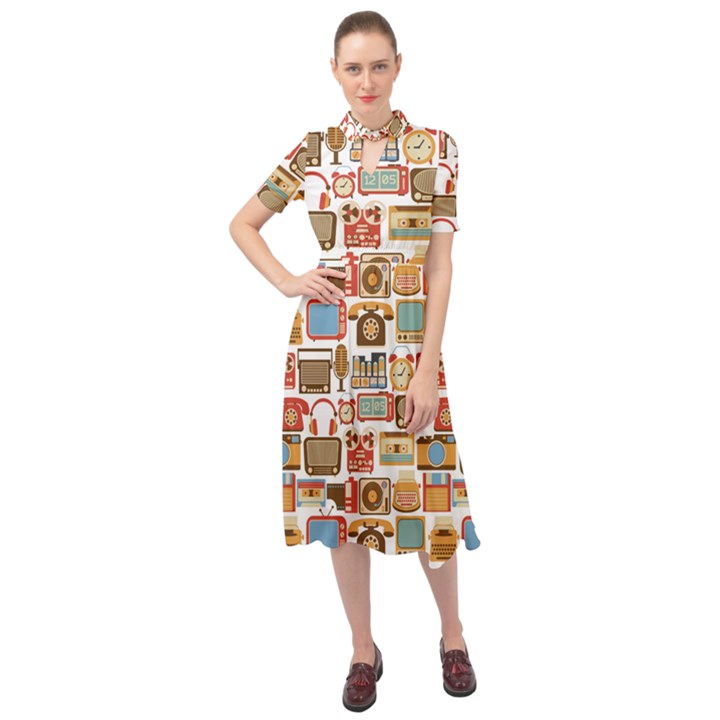 Vintage Gadget Seamless Pattern Keyhole Neckline Chiffon Dress