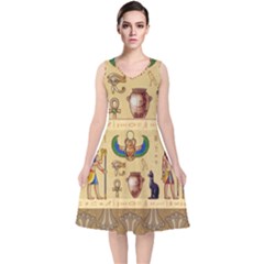 Egypt Horizontal Illustration V-neck Midi Sleeveless Dress  by Vaneshart