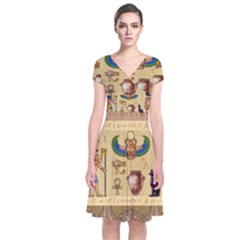 Egypt Horizontal Illustration Short Sleeve Front Wrap Dress