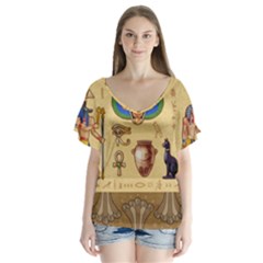 Egypt Horizontal Illustration V-neck Flutter Sleeve Top by Vaneshart