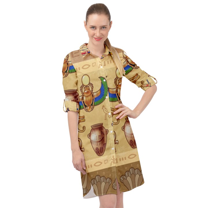 Egypt Horizontal Illustration Long Sleeve Mini Shirt Dress