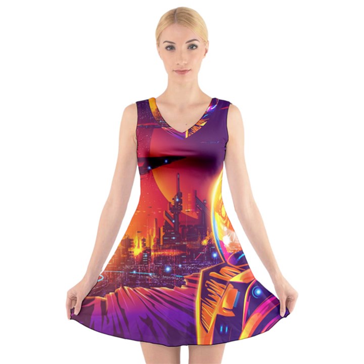 Far Future Human Colonization V-Neck Sleeveless Dress