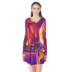 Far Future Human Colonization Long Sleeve V-neck Flare Dress by Vaneshart