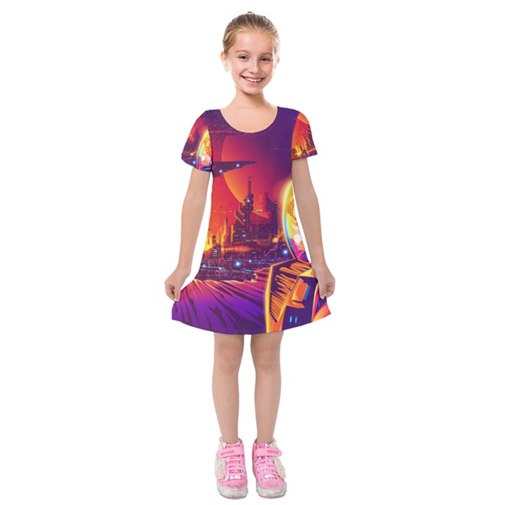 Far Future Human Colonization Kids  Short Sleeve Velvet Dress