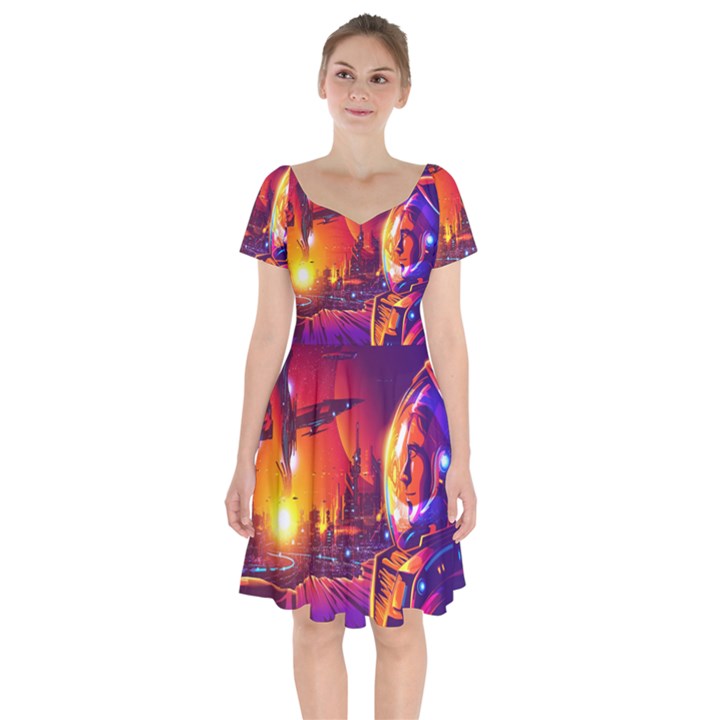 Far Future Human Colonization Short Sleeve Bardot Dress