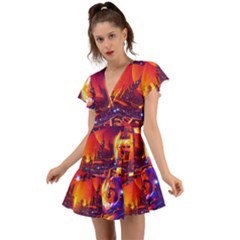 Far Future Human Colonization Flutter Sleeve Wrap Dress by Vaneshart