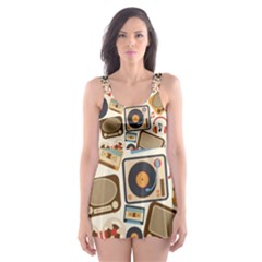 Music Retro Seamless Pattern Skater Dress Swimsuit by Vaneshart