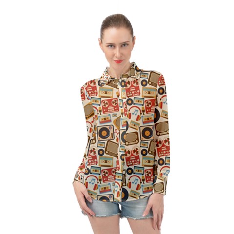 Music Retro Seamless Pattern Long Sleeve Chiffon Shirt by Vaneshart