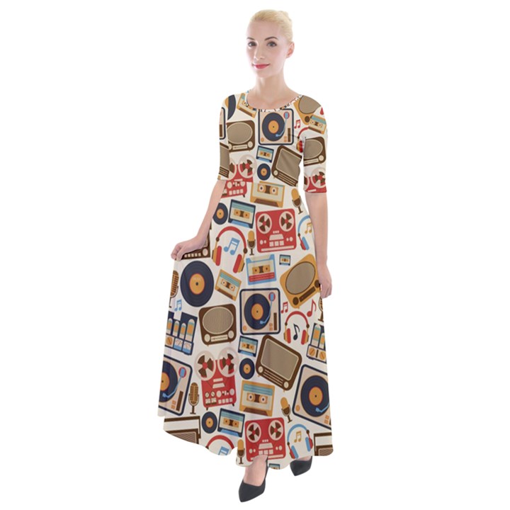 Music Retro Seamless Pattern Half Sleeves Maxi Dress