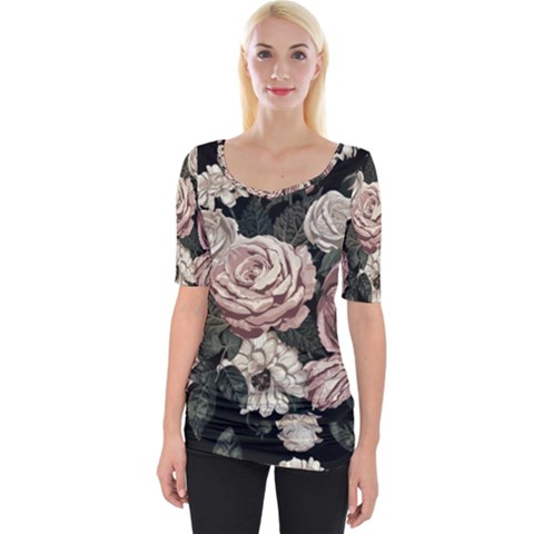 Elegant Seamless Pattern Blush Toned Rustic Flowers Wide Neckline Tee by Vaneshart