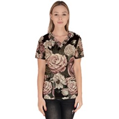 Elegant Seamless Pattern Blush Toned Rustic Flowers Women s V-neck Scrub Top by Vaneshart