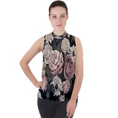 Elegant Seamless Pattern Blush Toned Rustic Flowers Mock Neck Chiffon Sleeveless Top by Vaneshart