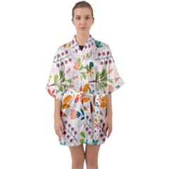 Colorful Ditsy Floral Print Background Half Sleeve Satin Kimono 