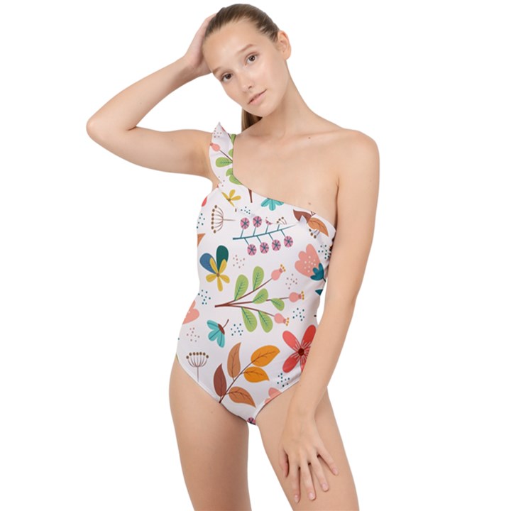 Colorful Ditsy Floral Print Background Frilly One Shoulder Swimsuit