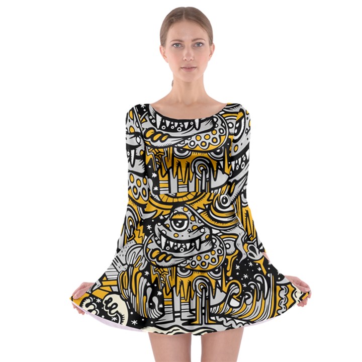 Crazy Abstract Doodle Social Doodle Drawing Style Long Sleeve Skater Dress