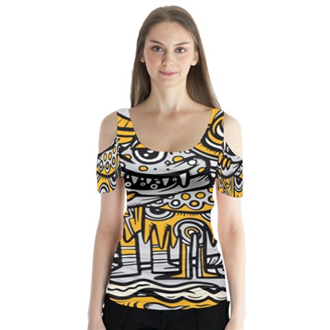 Crazy Abstract Doodle Social Doodle Drawing Style Butterfly Sleeve Cutout Tee  by Vaneshart