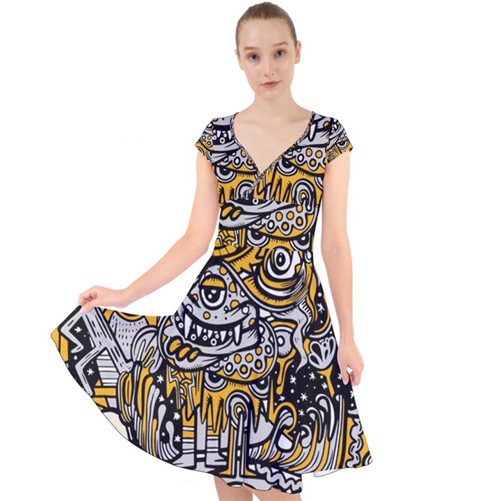 Crazy Abstract Doodle Social Doodle Drawing Style Cap Sleeve Front Wrap Midi Dress