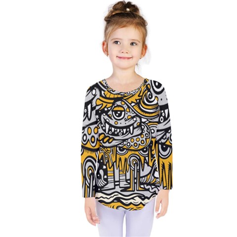 Crazy Abstract Doodle Social Doodle Drawing Style Kids  Long Sleeve Tee by Vaneshart