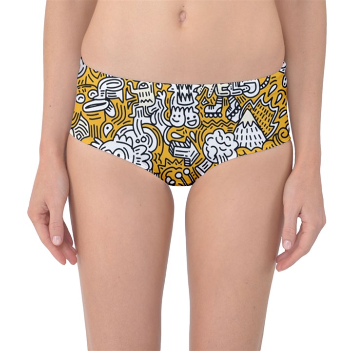 Hand Drawn Vector Illustration Doodle Funny World Mid-Waist Bikini Bottoms