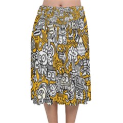 Hand Drawn Vector Illustration Doodle Funny World Velvet Flared Midi Skirt by Vaneshart