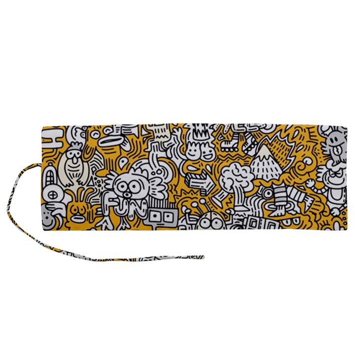 Hand Drawn Vector Illustration Doodle Funny World Roll Up Canvas Pencil Holder (M)